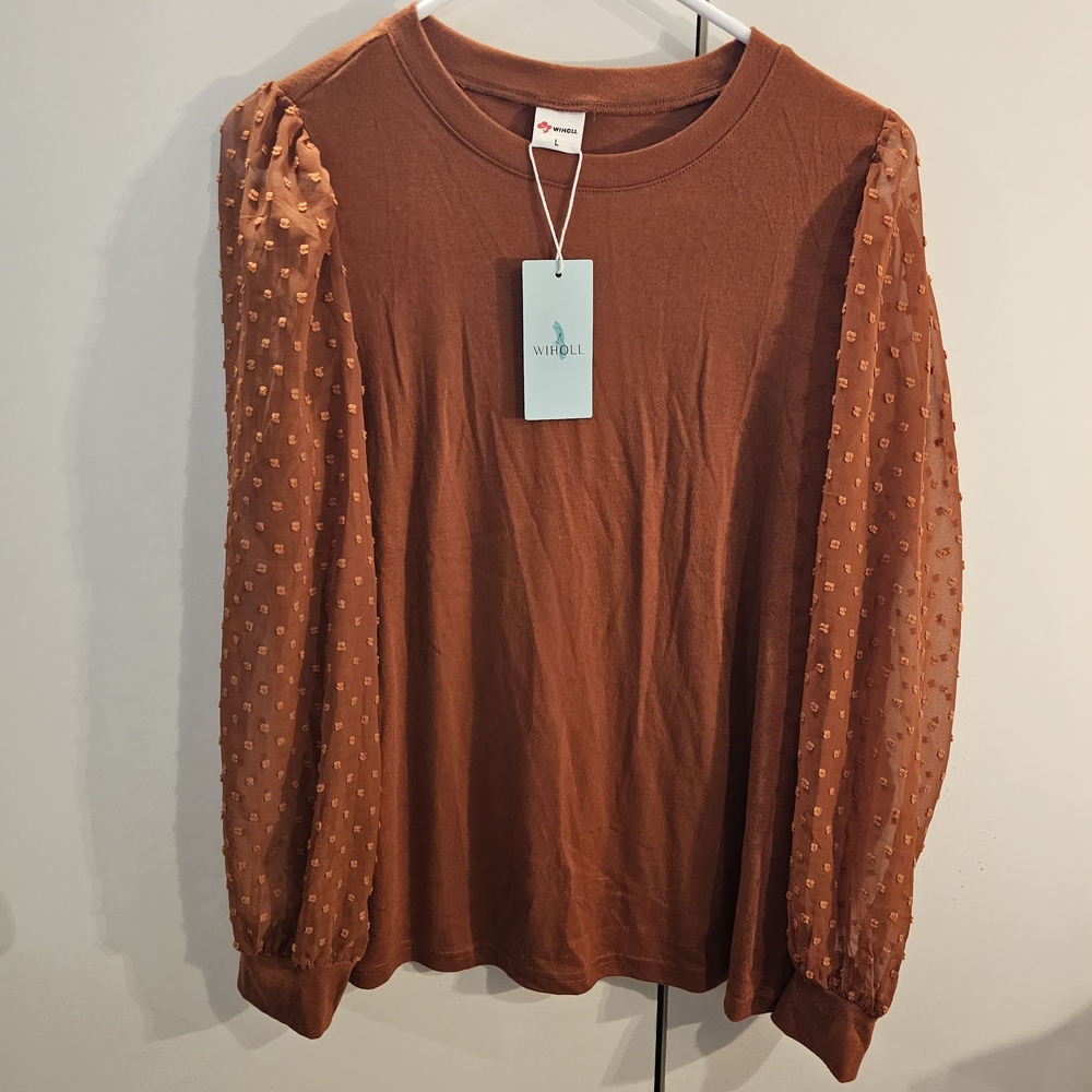 Women's Rust Blouse with Sheer Sleeves